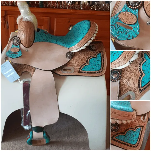 14", 15", 16" Double T Barrel Style Saddle with Filigree Print Seat.