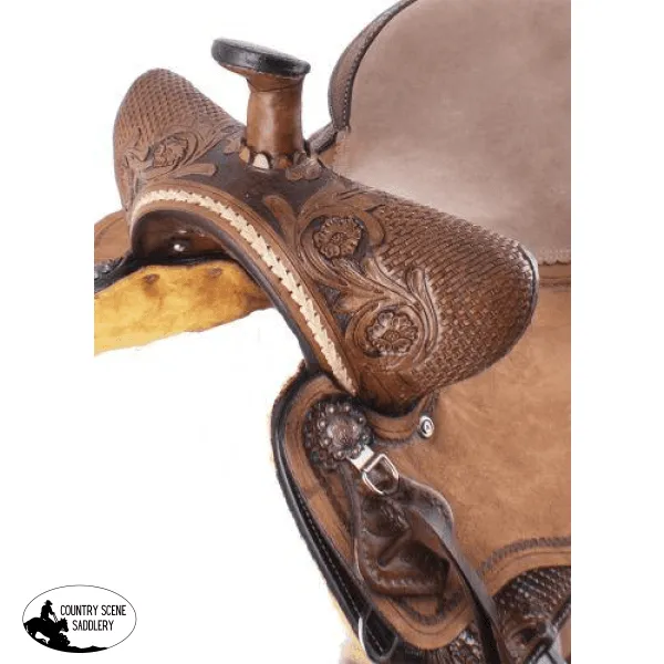 15" Double T Basket weave and Floral Tooled Barrel Style Saddle.