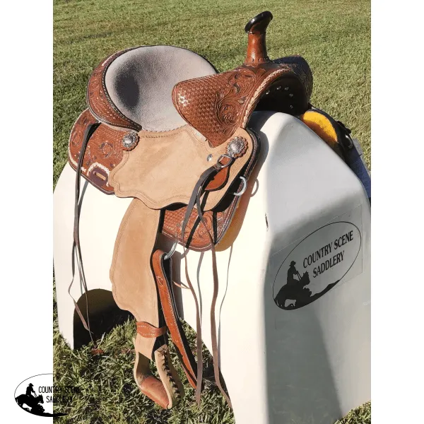 15" Double T Basket weave and Floral Tooled Barrel Style Saddle.