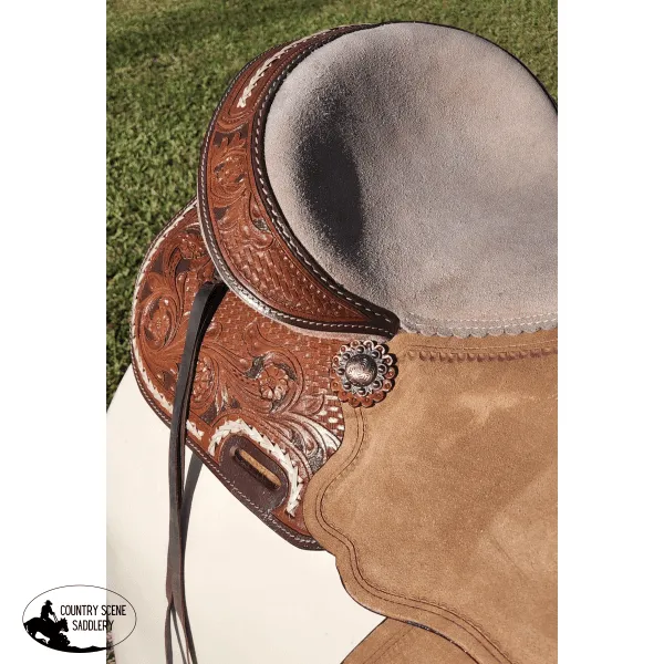 15" Double T Basket weave and Floral Tooled Barrel Style Saddle.