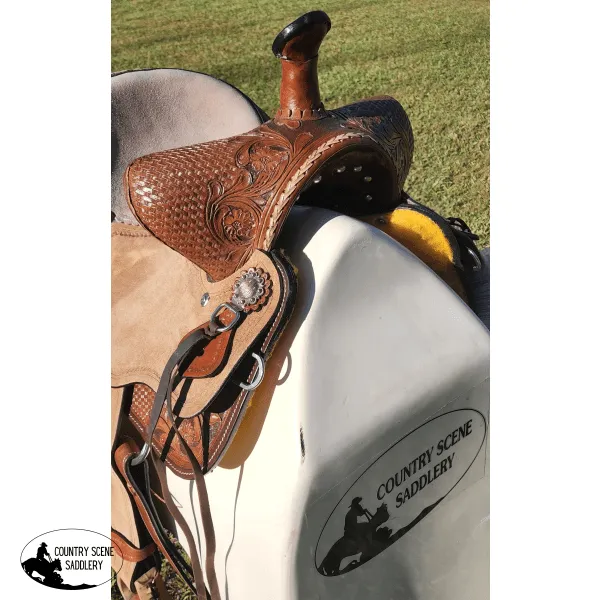 15" Double T Basket weave and Floral Tooled Barrel Style Saddle.