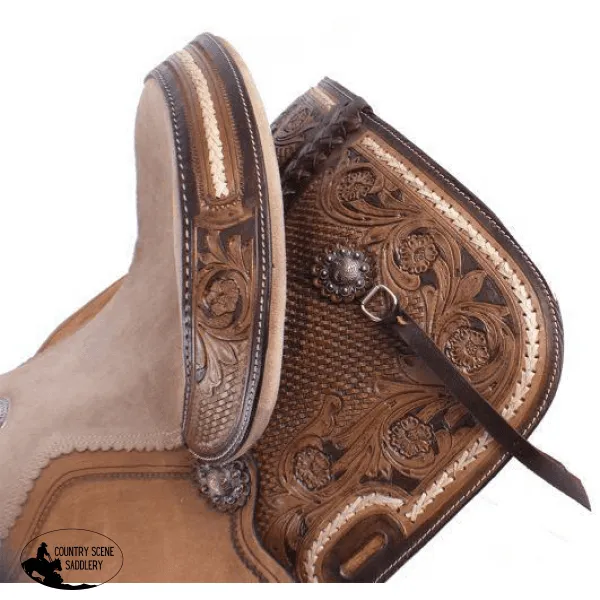 15" Double T Basket weave and Floral Tooled Barrel Style Saddle.