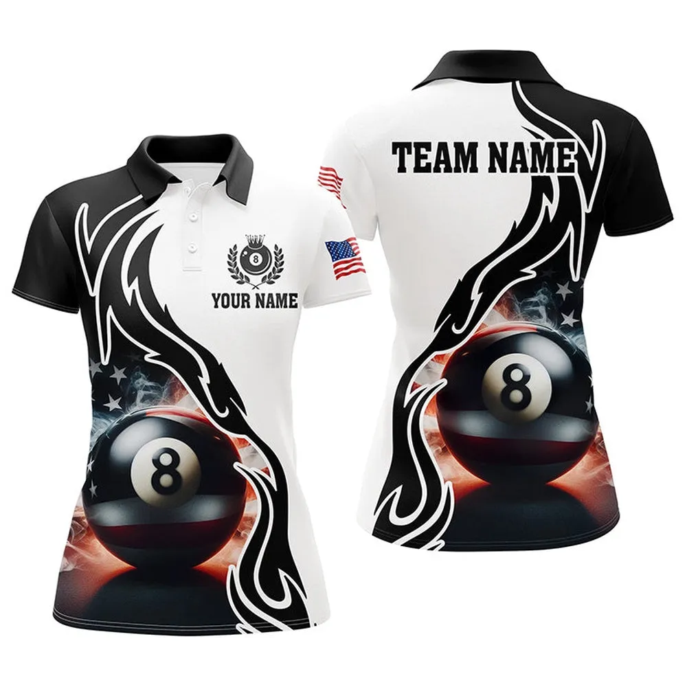 3D 8 Ball Pool Smoke US Flag Personalized Women Billiard Polo Shirts, Patriotic Shirts For Pooler, Custom Billiards Jerseys, Billiard Gifts