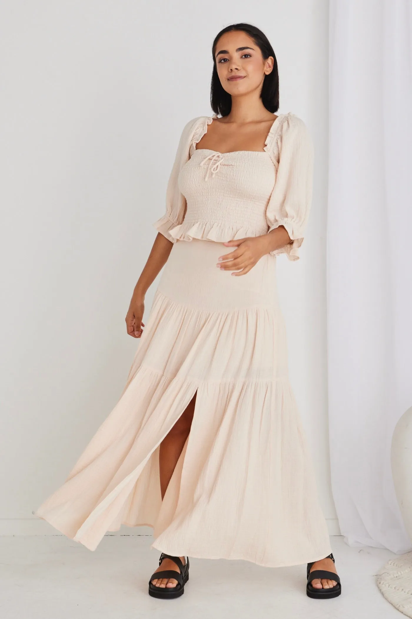 Alive Cream Muslin Elastic Back Tiered Maxi Skirt