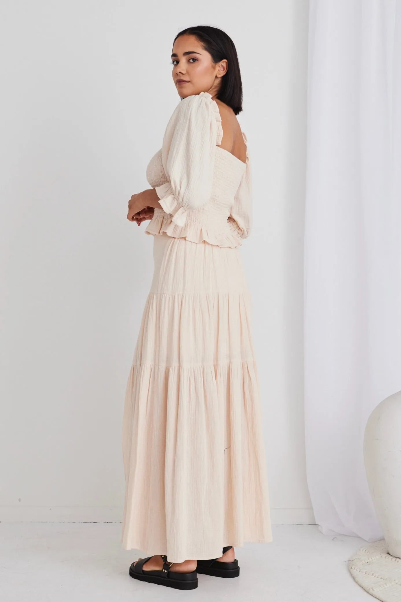 Alive Cream Muslin Elastic Back Tiered Maxi Skirt