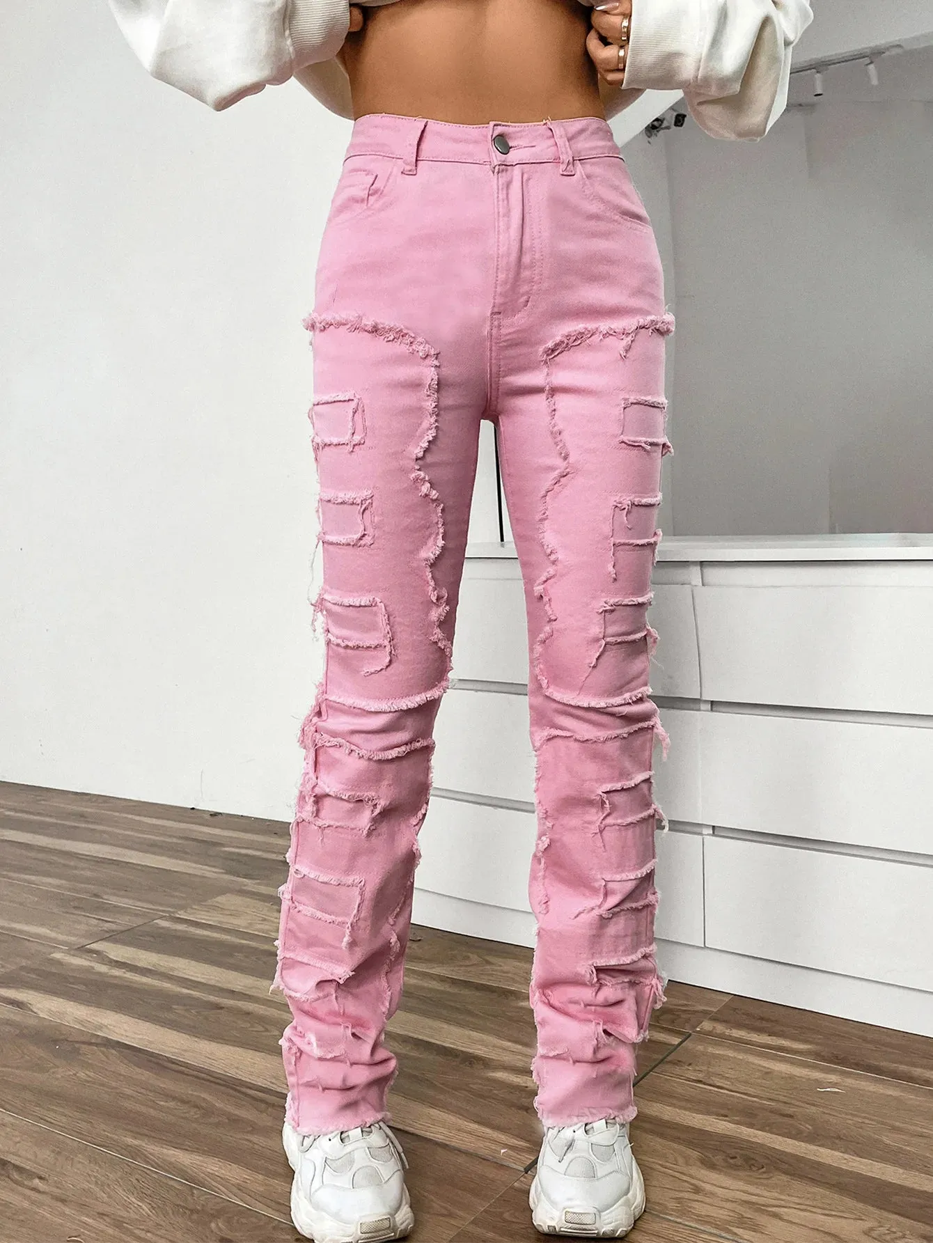 Amy Fashion - 2024 New European and American Streetwise Stretch Patch for Women High Street Straight Fit Long Women's Jean