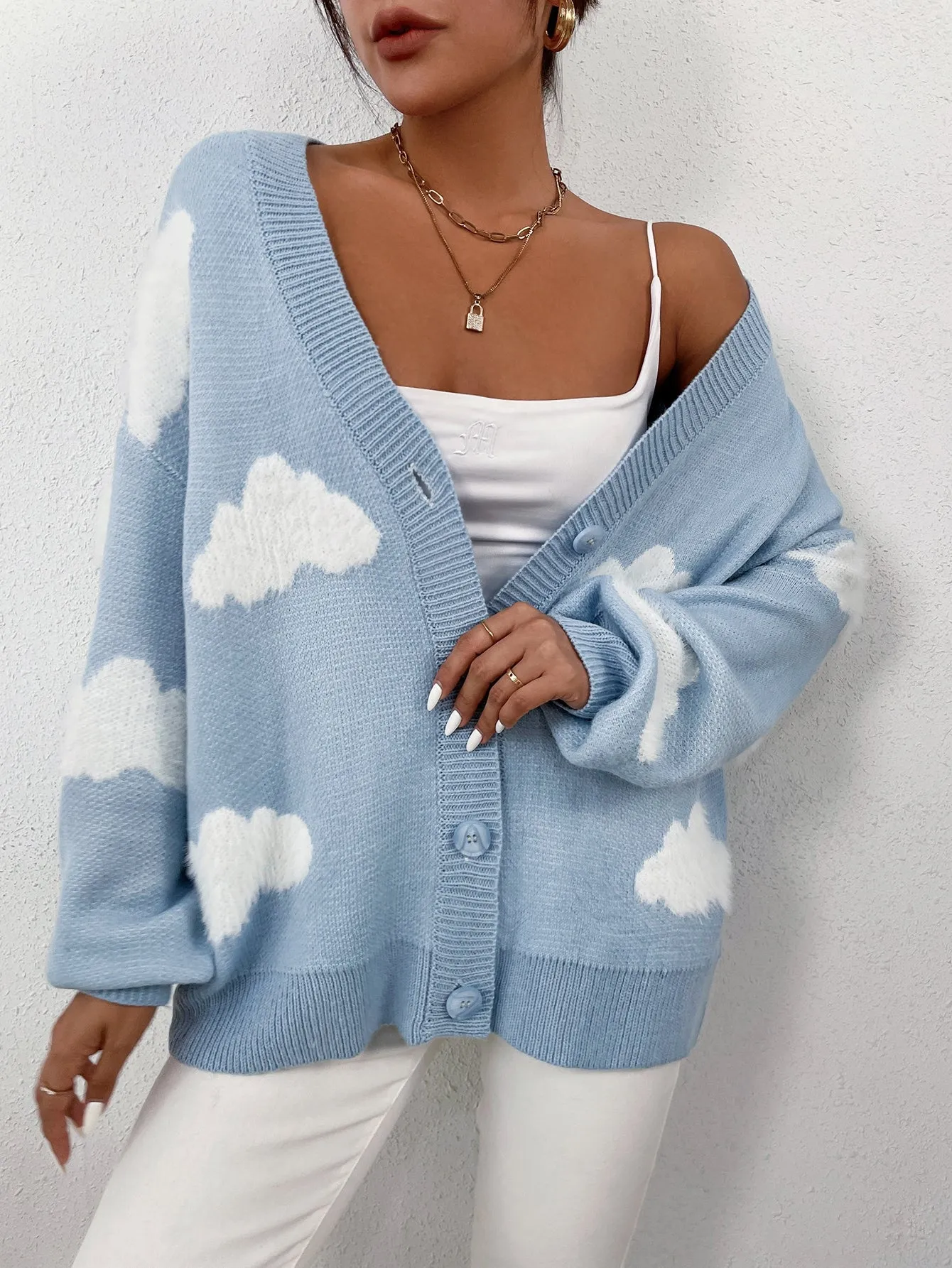 Amy Fashion - Drop Shoulder Cloud Pattern Cardigan