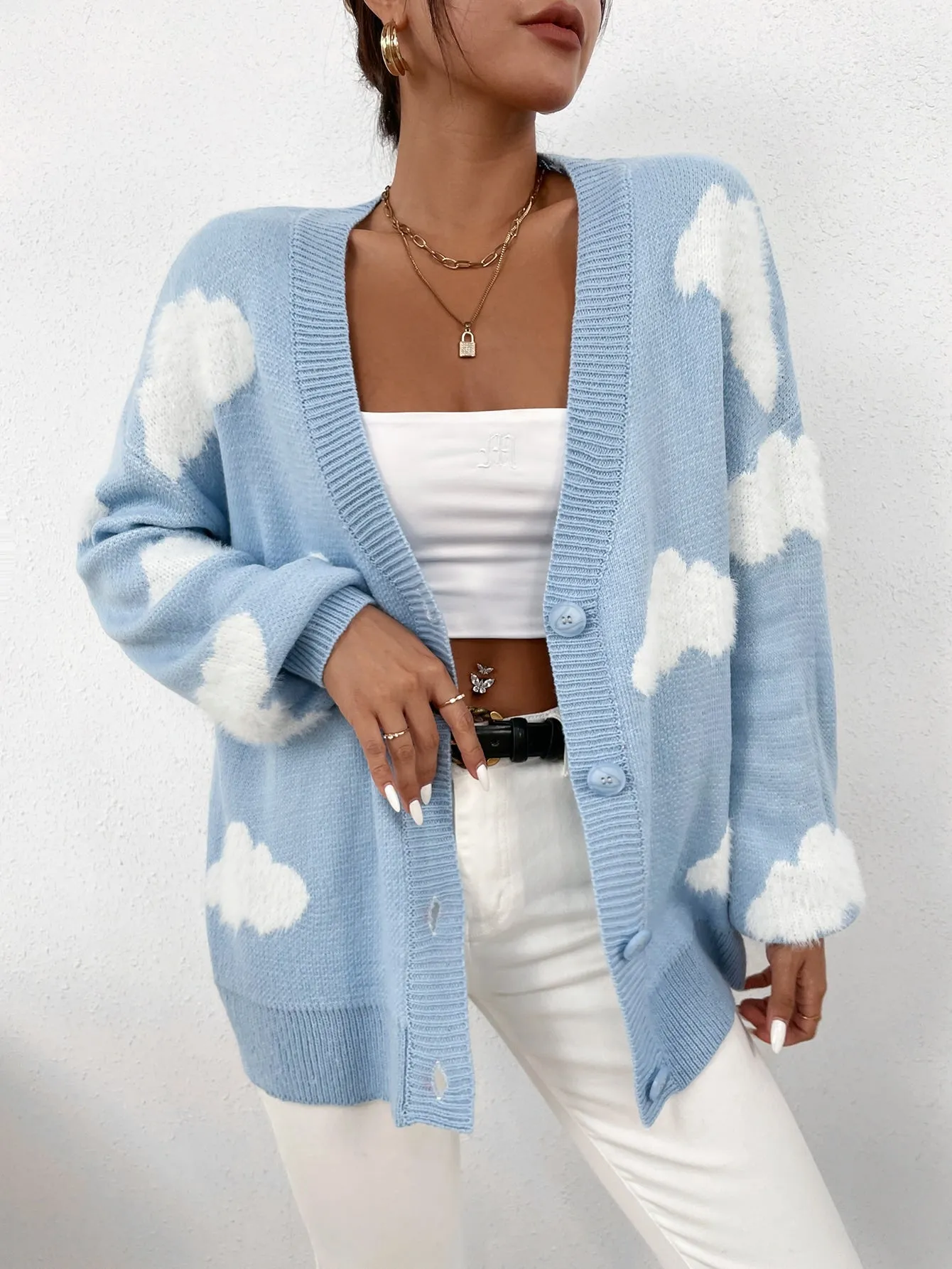 Amy Fashion - Drop Shoulder Cloud Pattern Cardigan