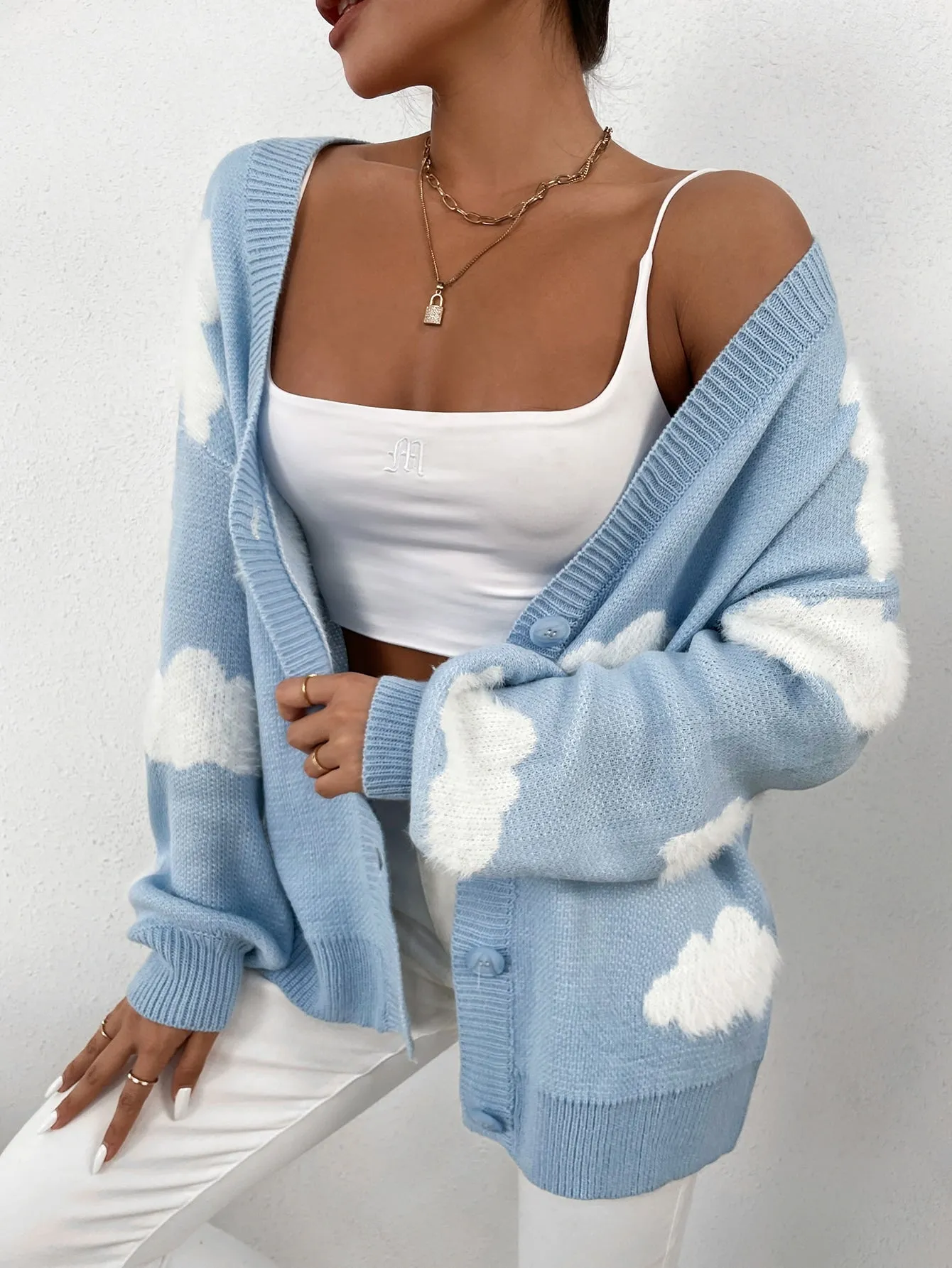 Amy Fashion - Drop Shoulder Cloud Pattern Cardigan