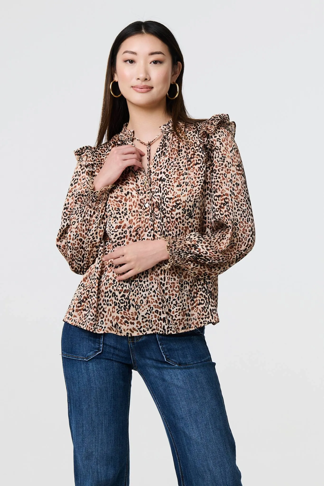 Animal Print Tie-Up Keyhole Neck Blouse