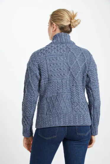 Aran - Merino Patchwork one button collar cardigan - Denim Marl