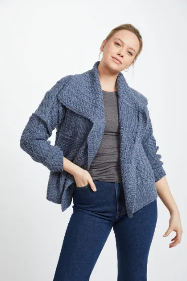 Aran - Merino Patchwork one button collar cardigan - Denim Marl