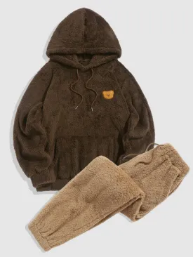 Bear Pattern Drawstring Hoodie And Pants Set