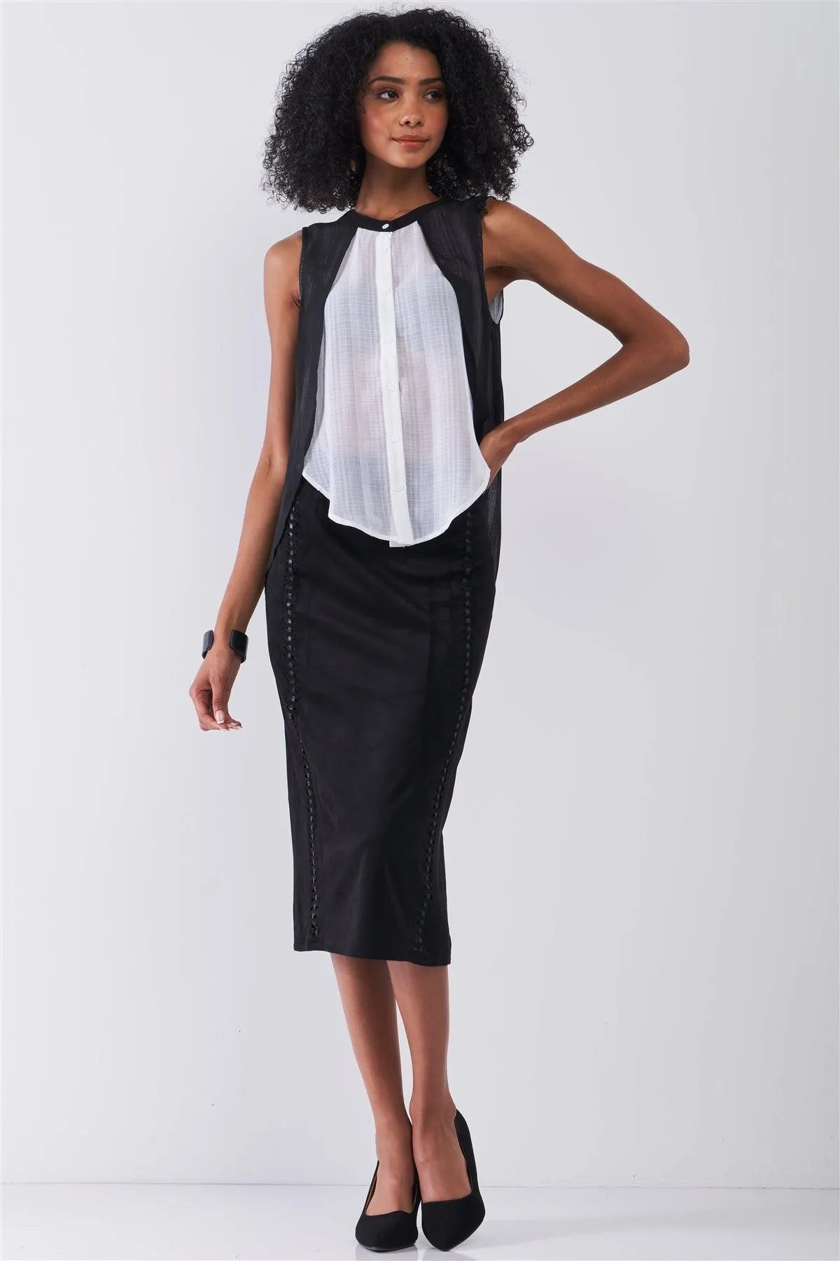 Black & White Double Layered Round Neck Sleeveless Front Button Down Skirt Asymmetrical Hem Top /1-2-2-1