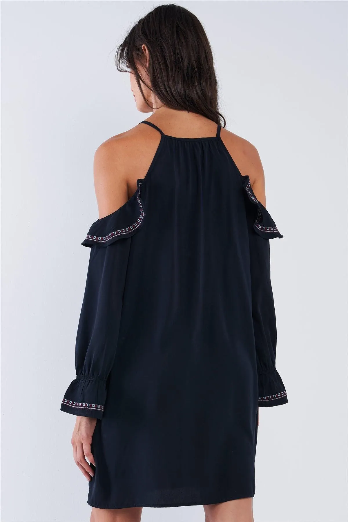 Black Boho Floral Embroidery Off-The-Shoulder Mini Dress