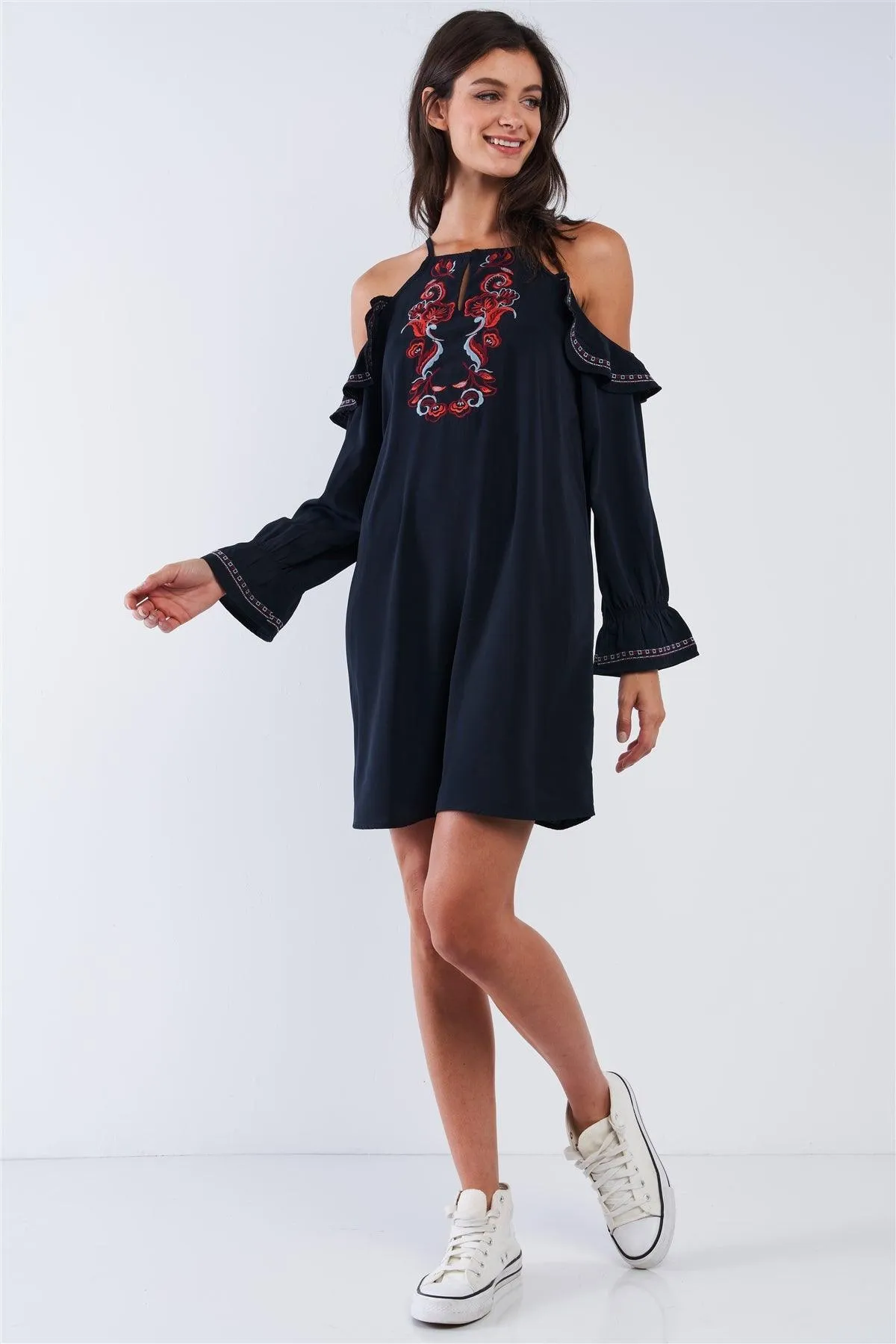 Black Boho Floral Embroidery Off-The-Shoulder Mini Dress