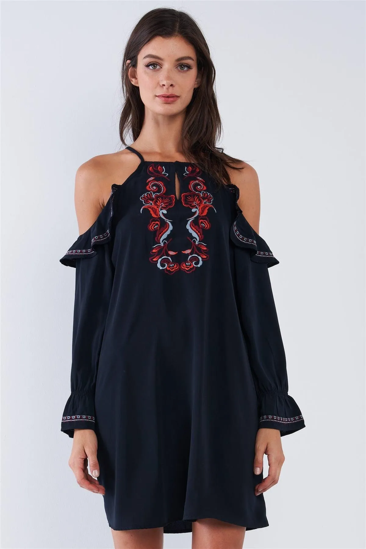 Black Boho Floral Embroidery Off-The-Shoulder Mini Dress