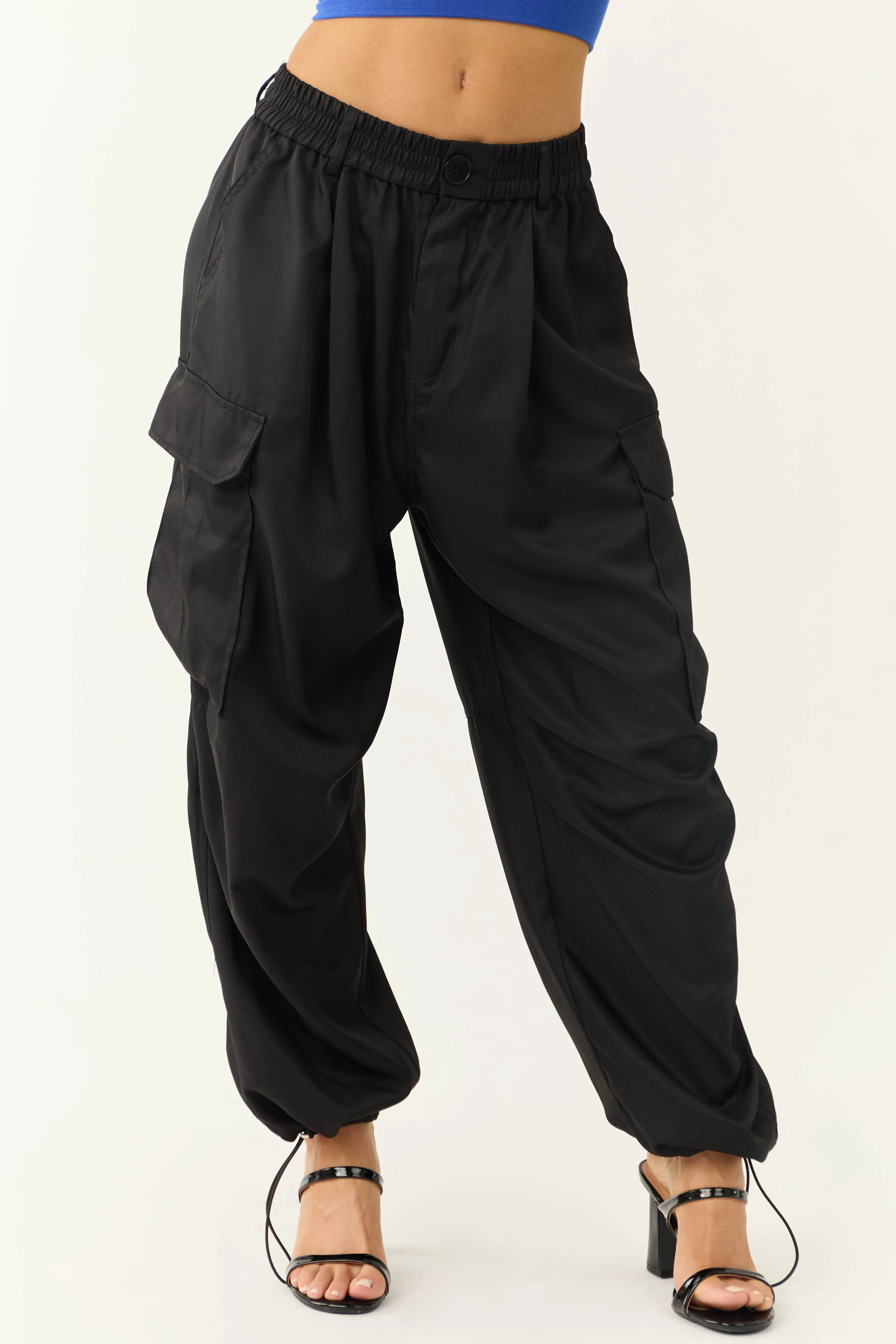 Black Elastic Waist Cargo Pants