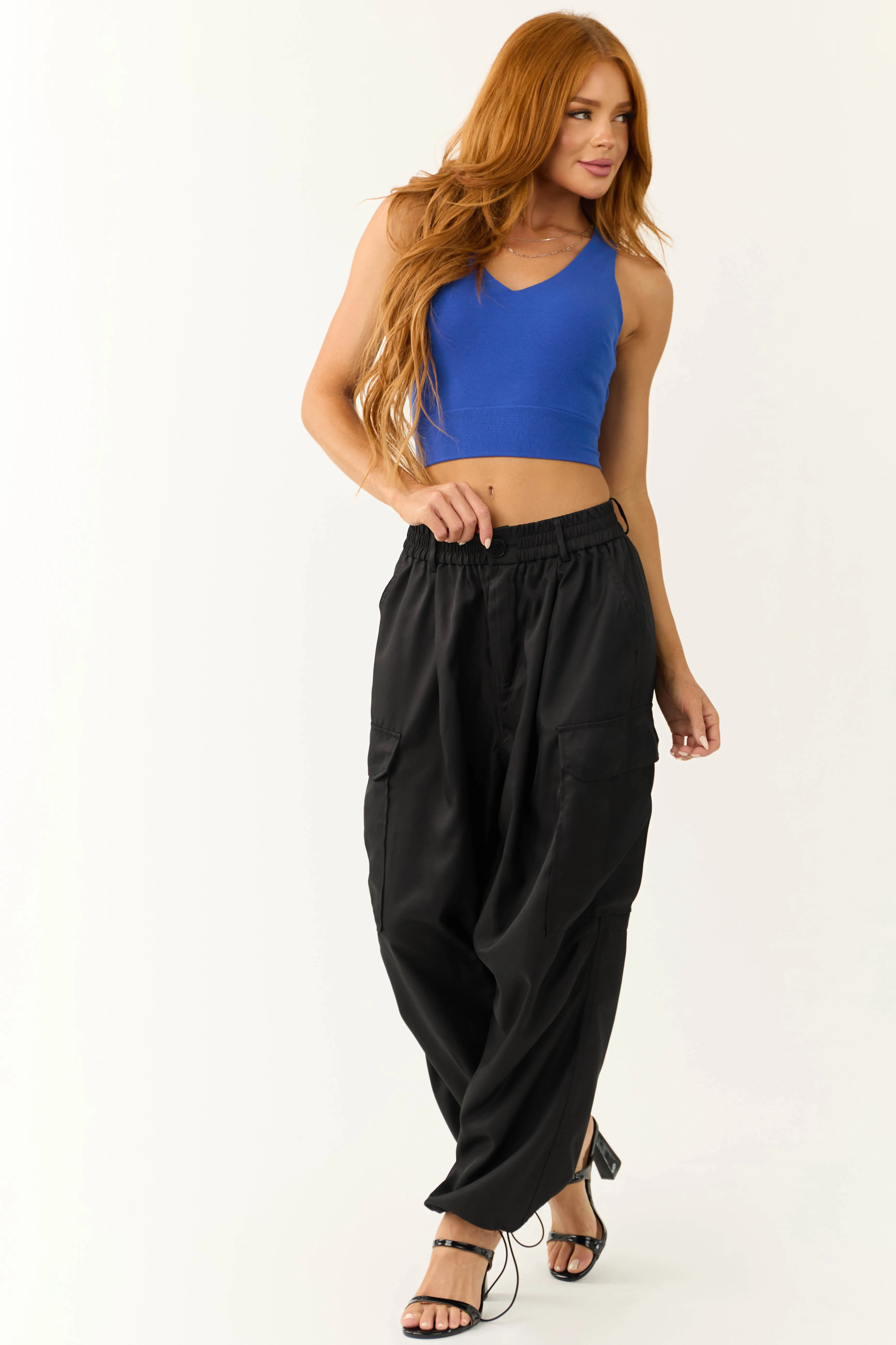 Black Elastic Waist Cargo Pants