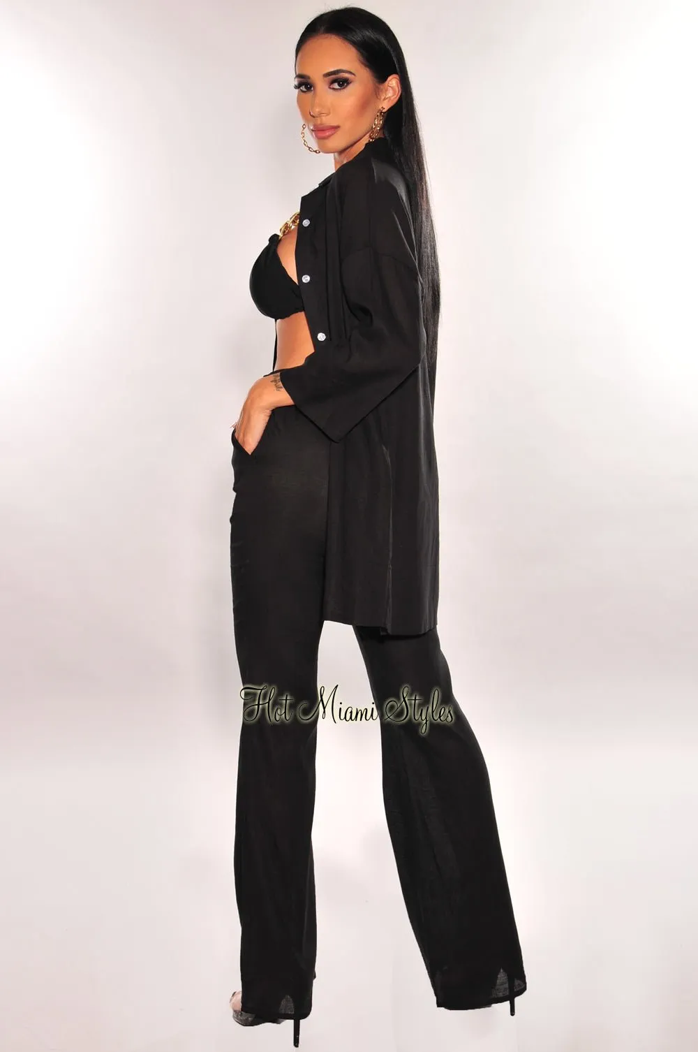 Black Linen Collared Button Up ¾ Sleeves Palazzo Pants Two Piece Set