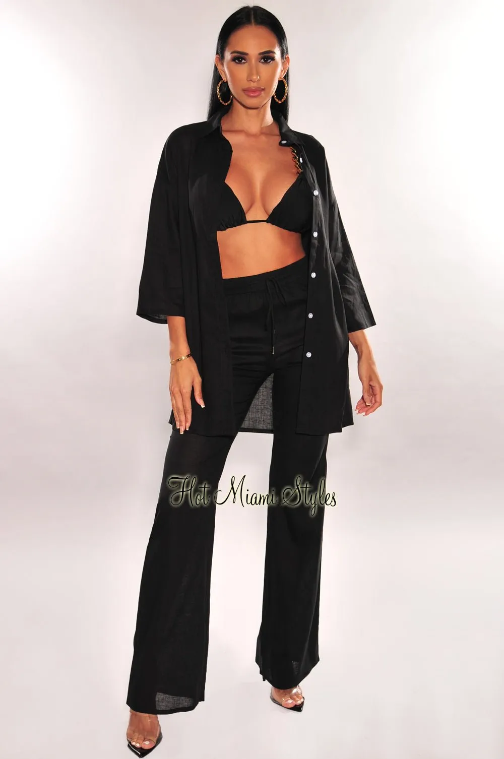 Black Linen Collared Button Up ¾ Sleeves Palazzo Pants Two Piece Set