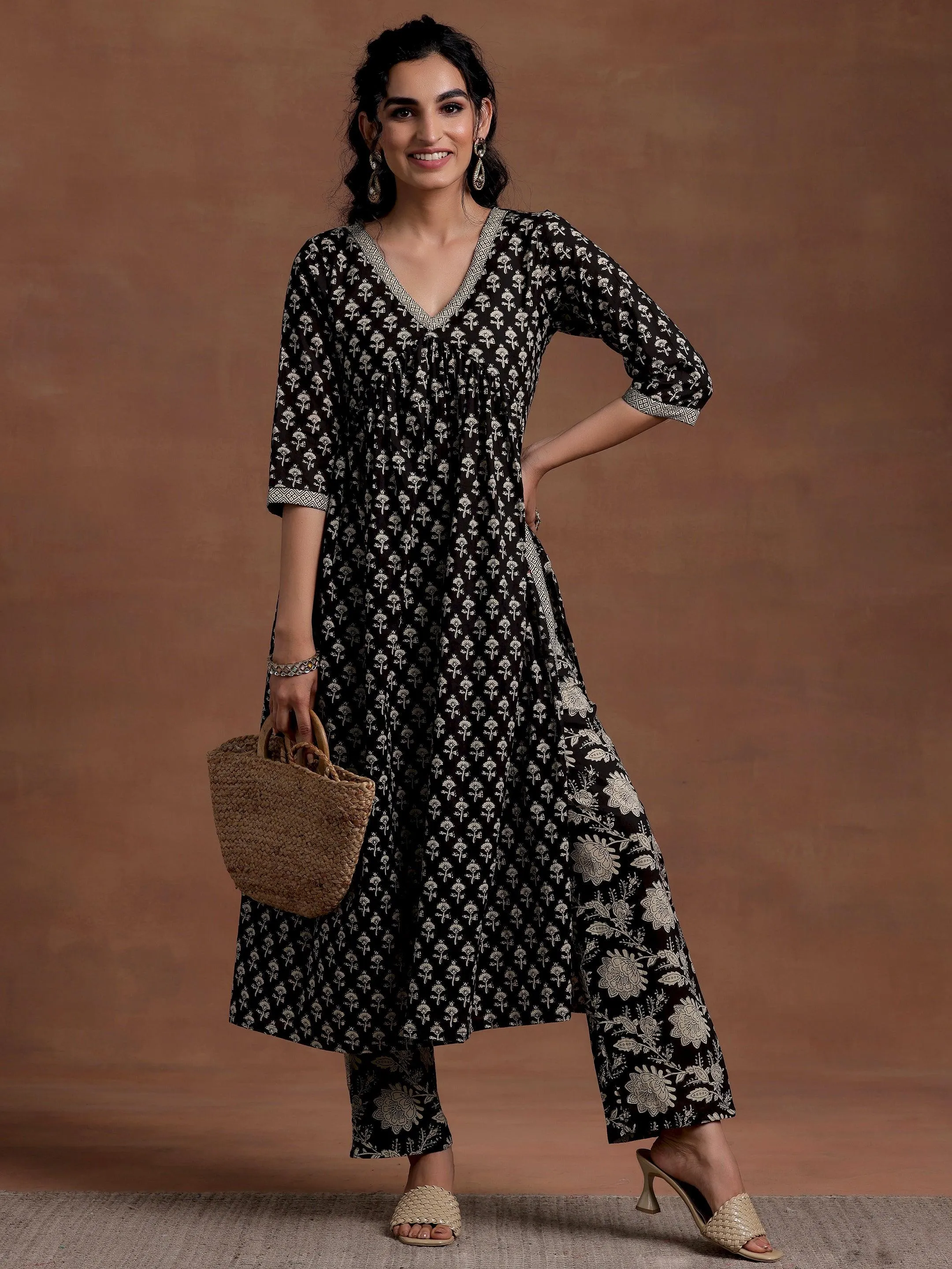 Black Printed Cotton A-Line Kurta With Palazzos