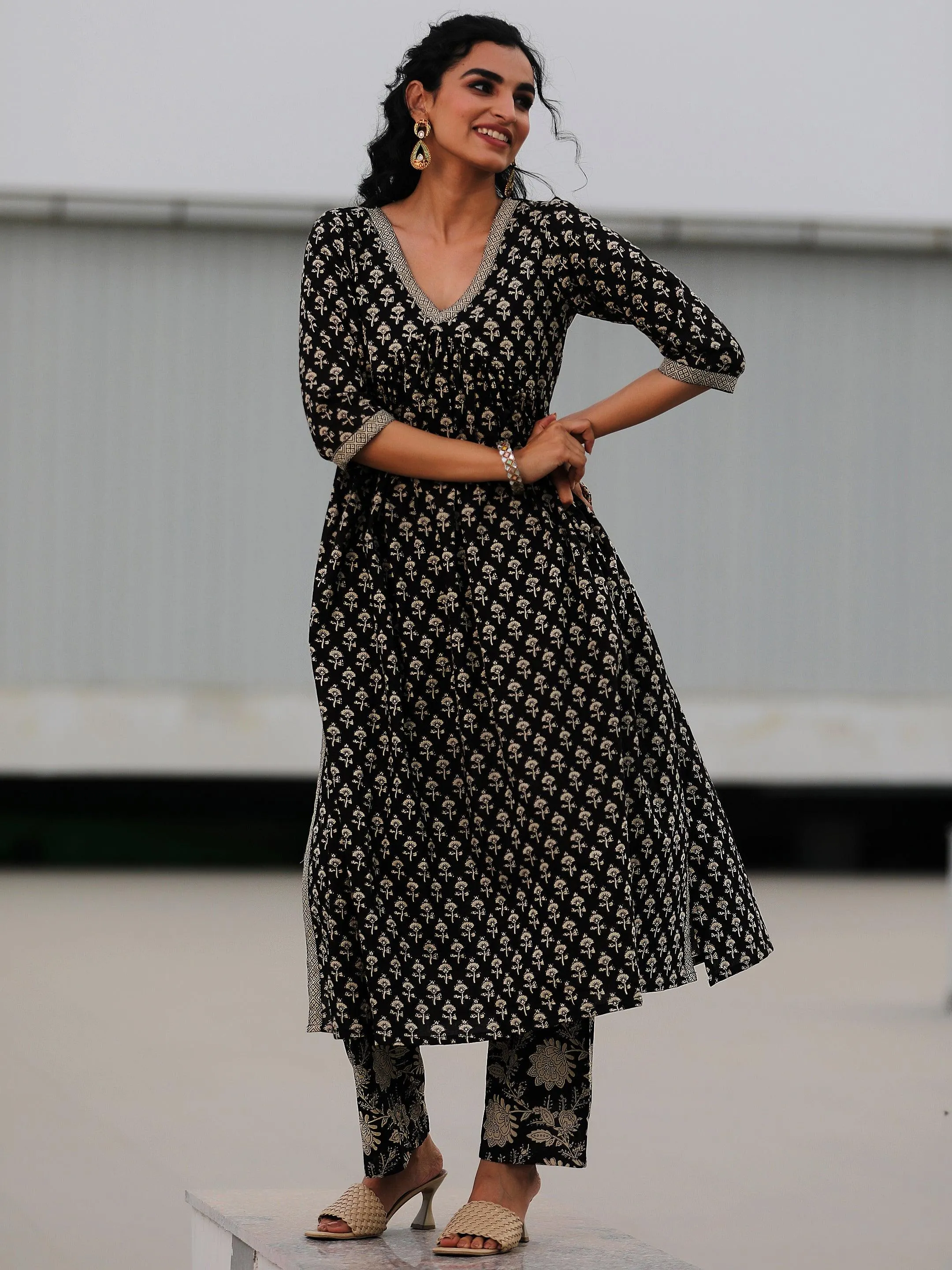 Black Printed Cotton A-Line Kurta With Palazzos