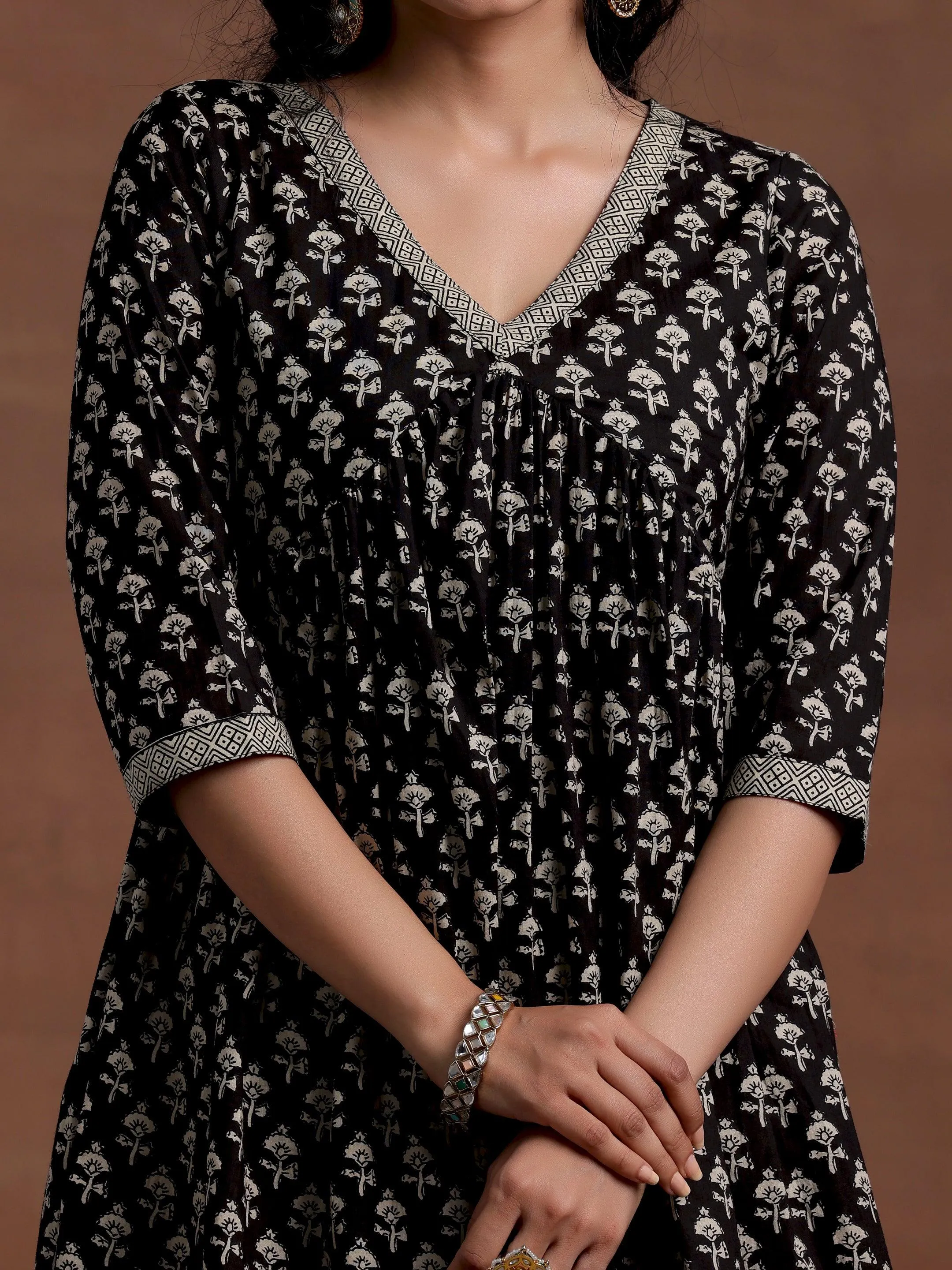 Black Printed Cotton A-Line Kurta With Palazzos