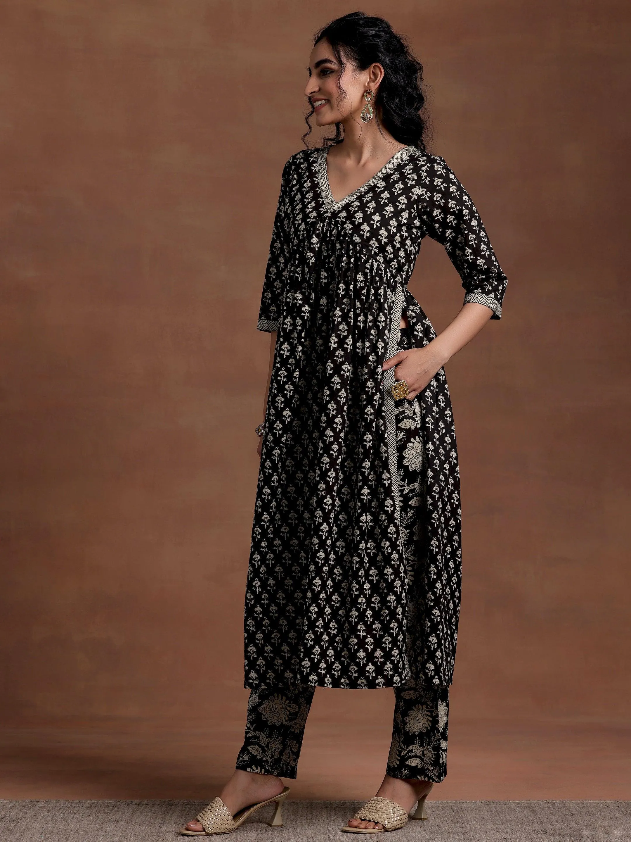 Black Printed Cotton A-Line Kurta With Palazzos