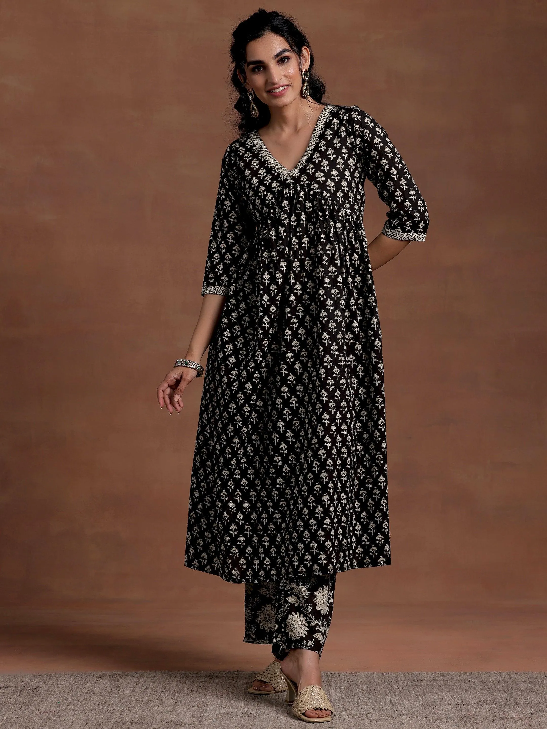 Black Printed Cotton A-Line Kurta With Palazzos