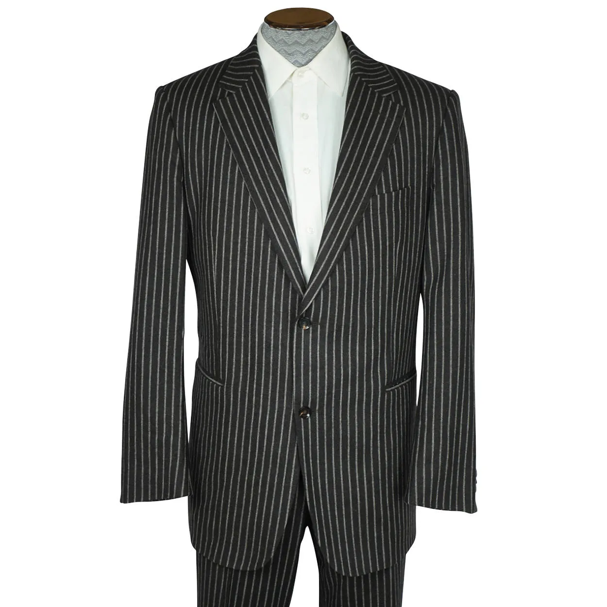 Burberry London Mens Pinstripe Suit Black Wool with Grey Stripes Size 42 Tall