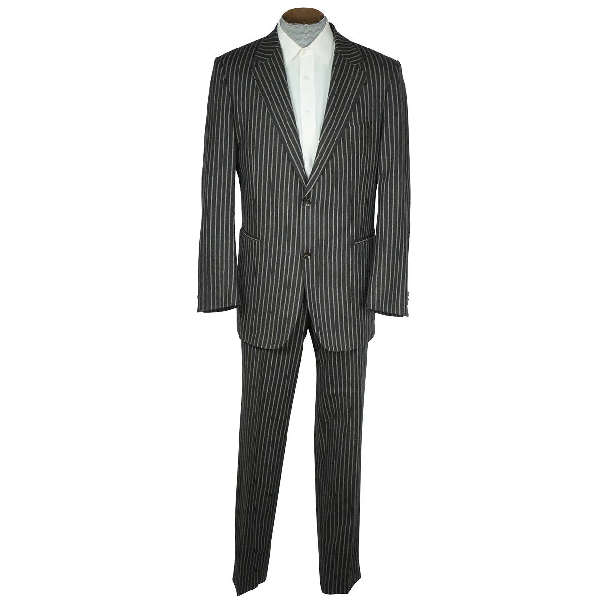 Burberry London Mens Pinstripe Suit Black Wool with Grey Stripes Size 42 Tall