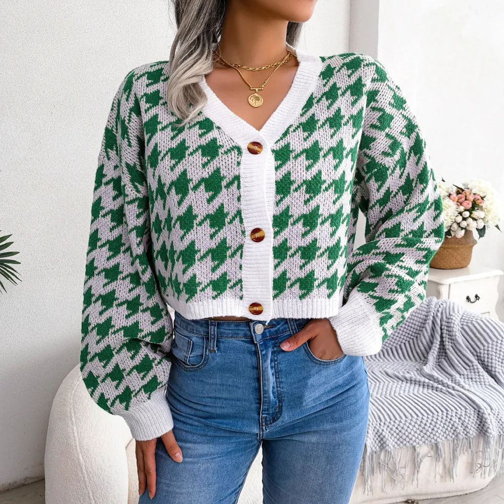 Casual Houndstooth Lantern Long Sleeve Loose Single-Breasted Cardigan Wholesale Sweater Coat