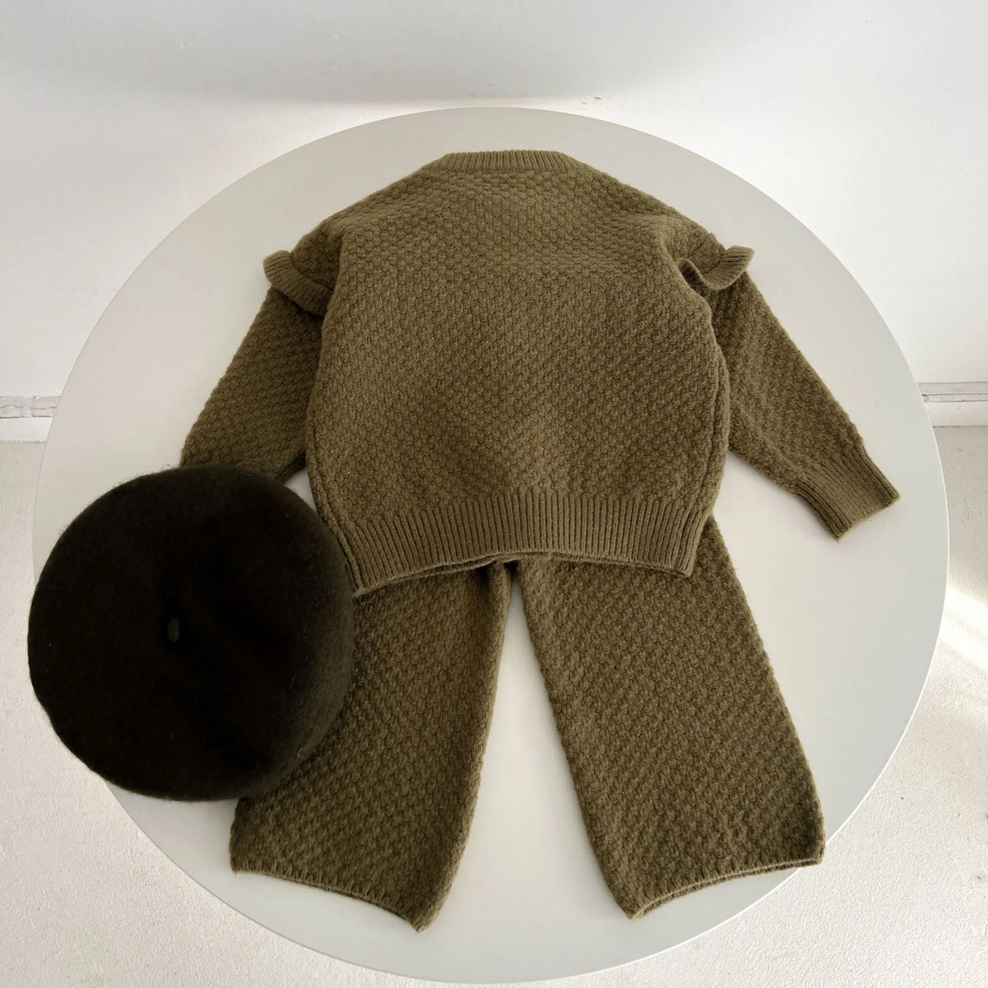 Cozy Brown Knit Ruffle Cardigan and Wide Leg Trousers Set for Girls