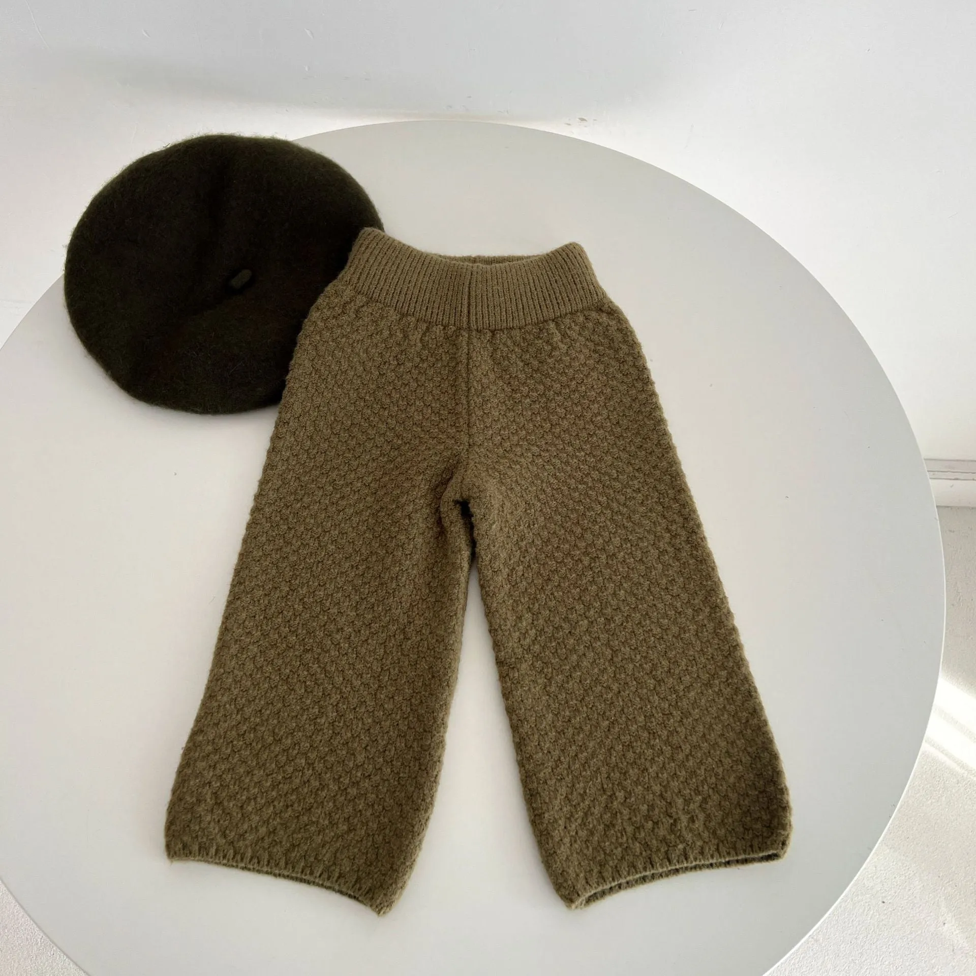 Cozy Brown Knit Ruffle Cardigan and Wide Leg Trousers Set for Girls