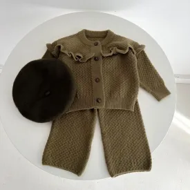 Cozy Brown Knit Ruffle Cardigan and Wide Leg Trousers Set for Girls