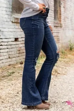 Dark Washed Distressed Flare Bottom Jeans