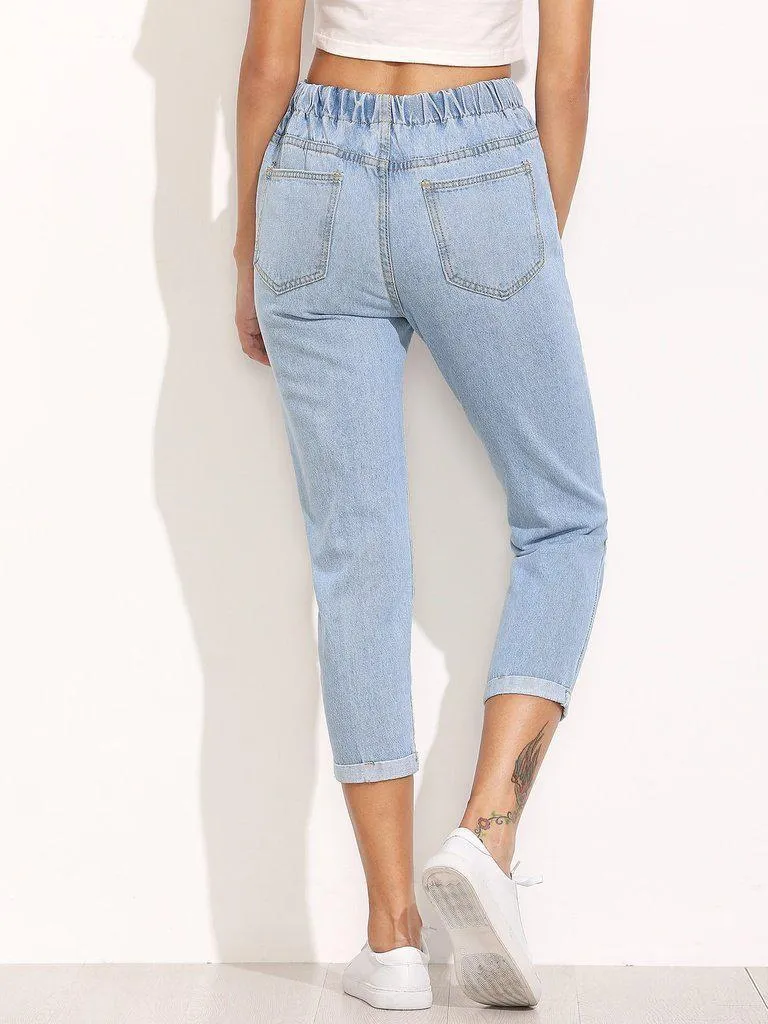 Distressed Drawstring Waist Cropped Jeans