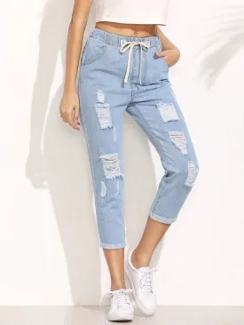 Distressed Drawstring Waist Cropped Jeans