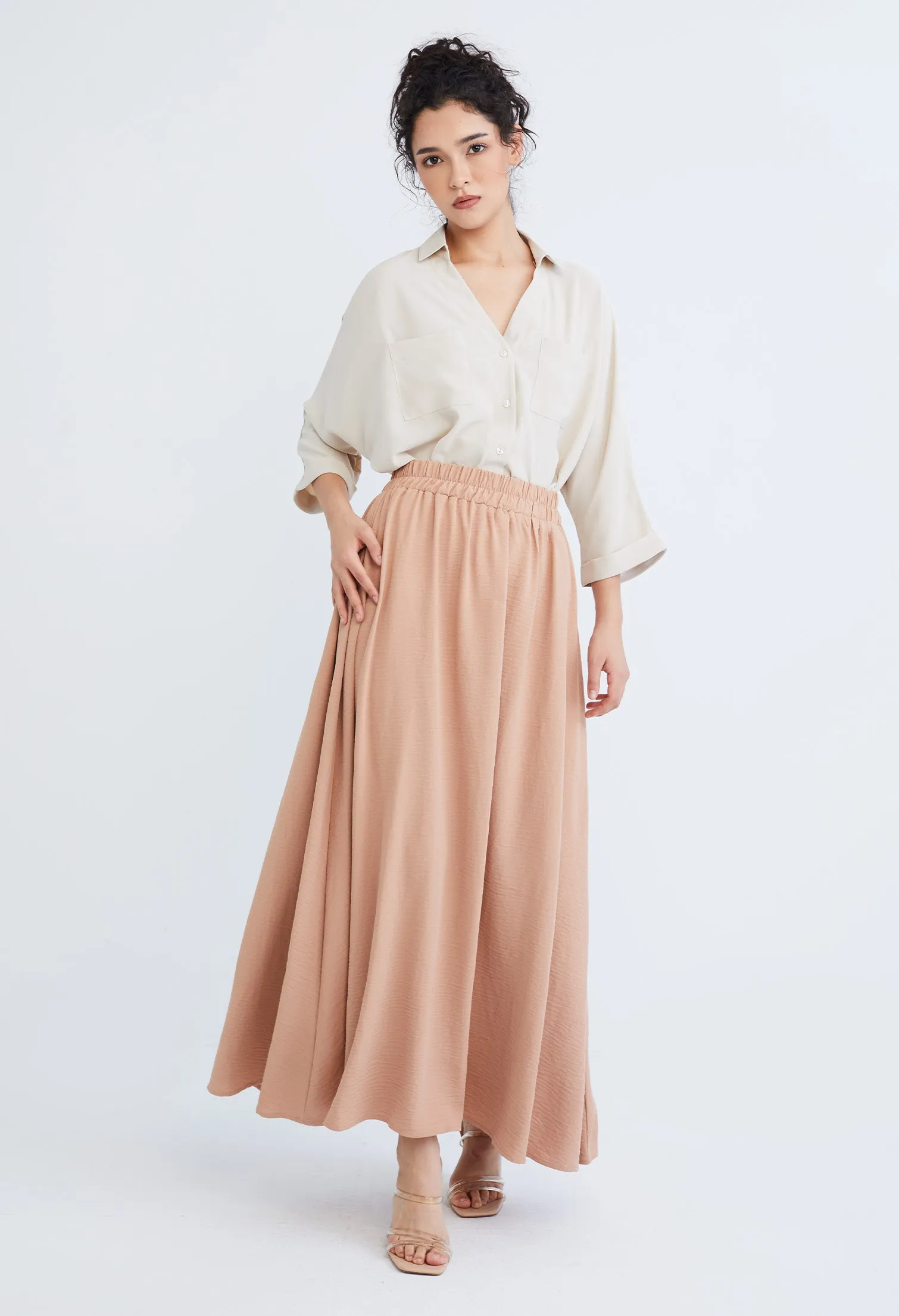 Double-width Elastic Waistband Maxi Skirt