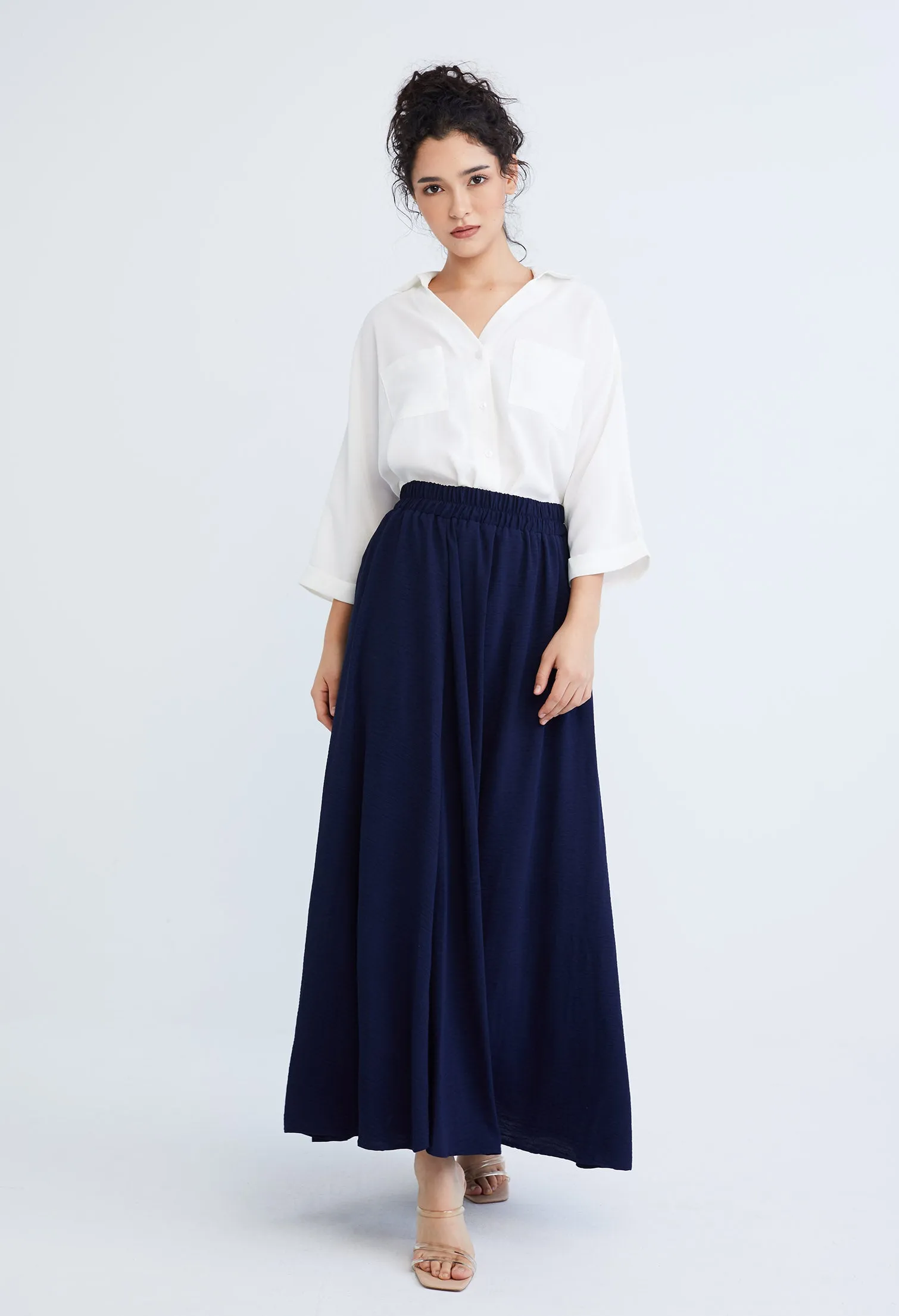 Double-width Elastic Waistband Maxi Skirt