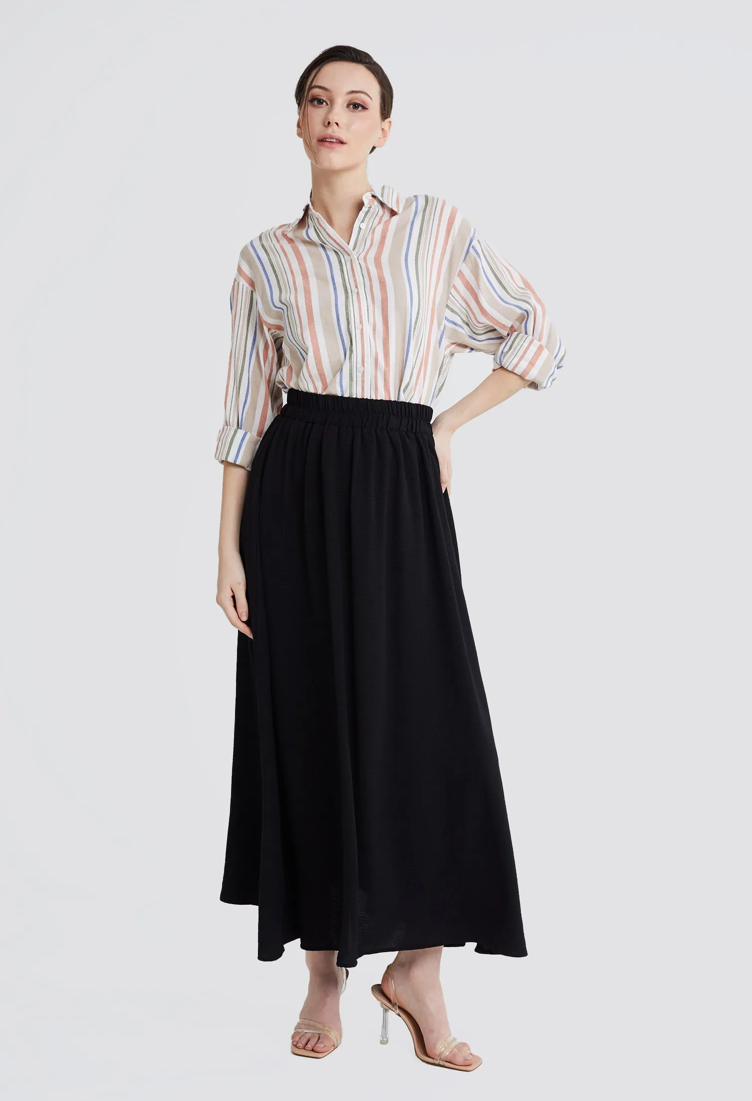 Double-width Elastic Waistband Maxi Skirt