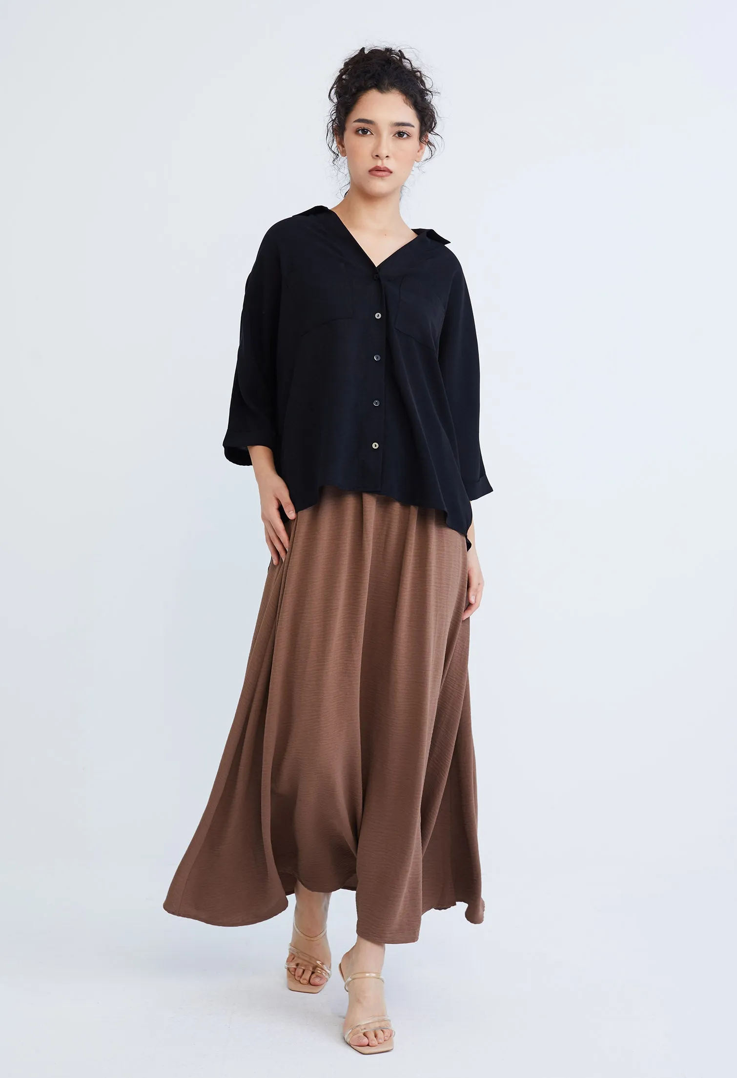 Double-width Elastic Waistband Maxi Skirt