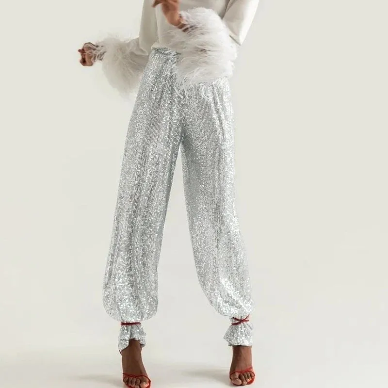 Elastic Waist Sequin Glitter Pants