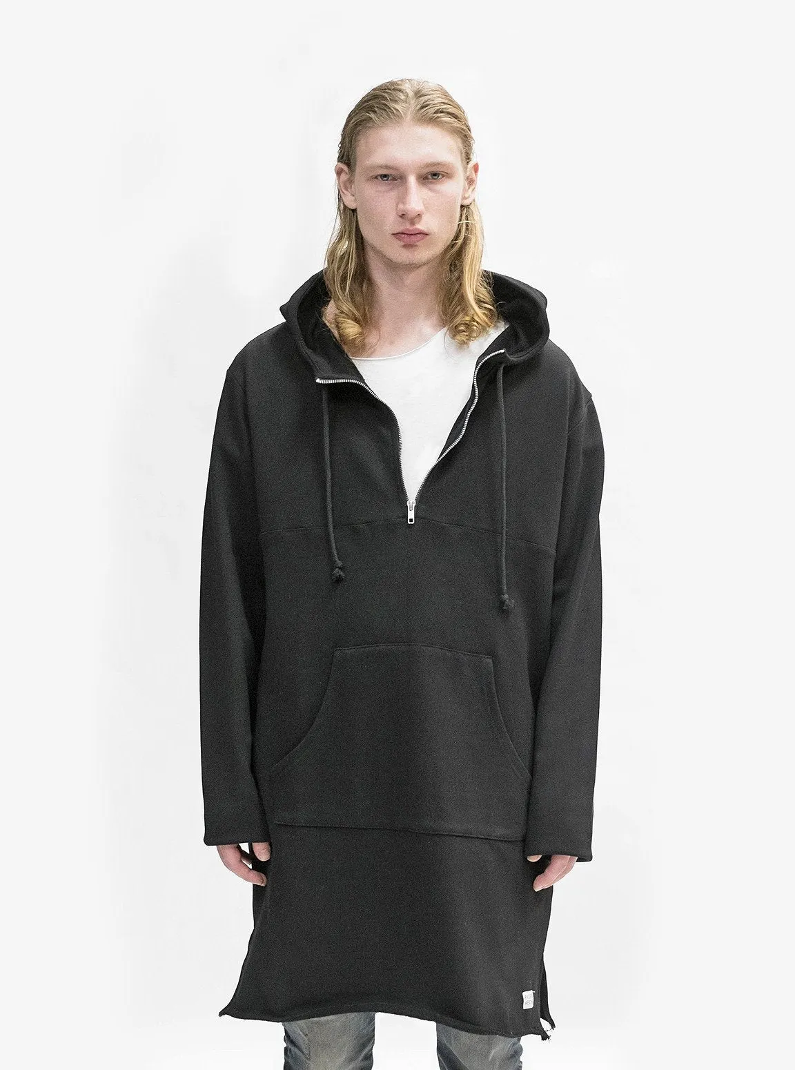 Elongated Hooded Pullover Trench in Black