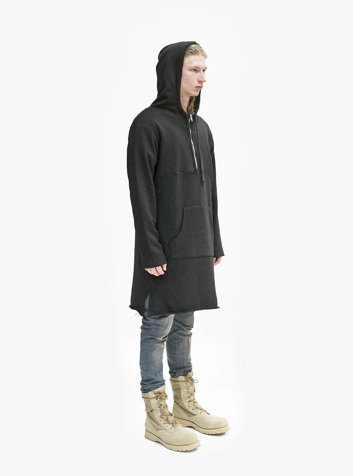 Elongated Hooded Pullover Trench in Black