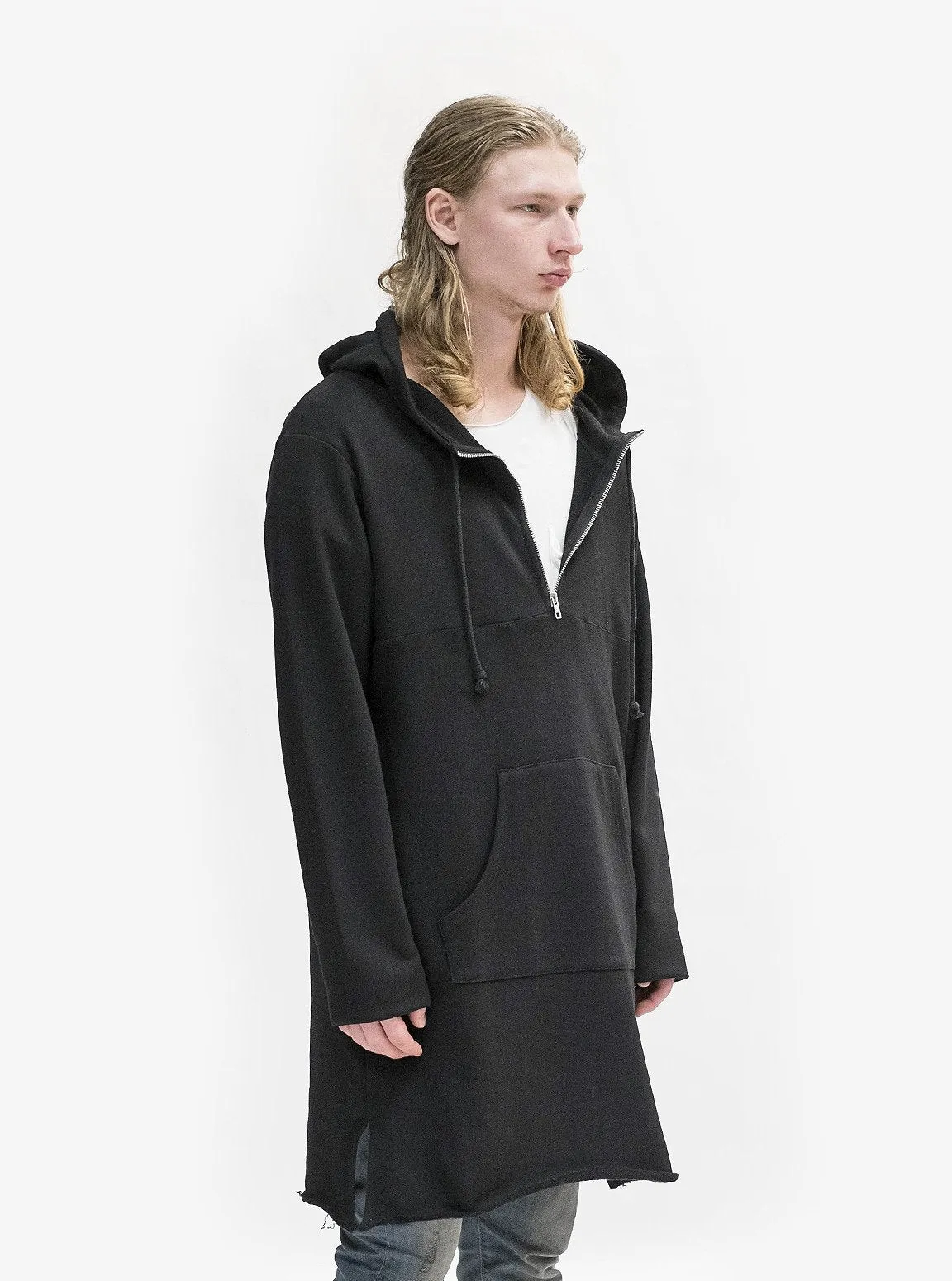 Elongated Hooded Pullover Trench in Black