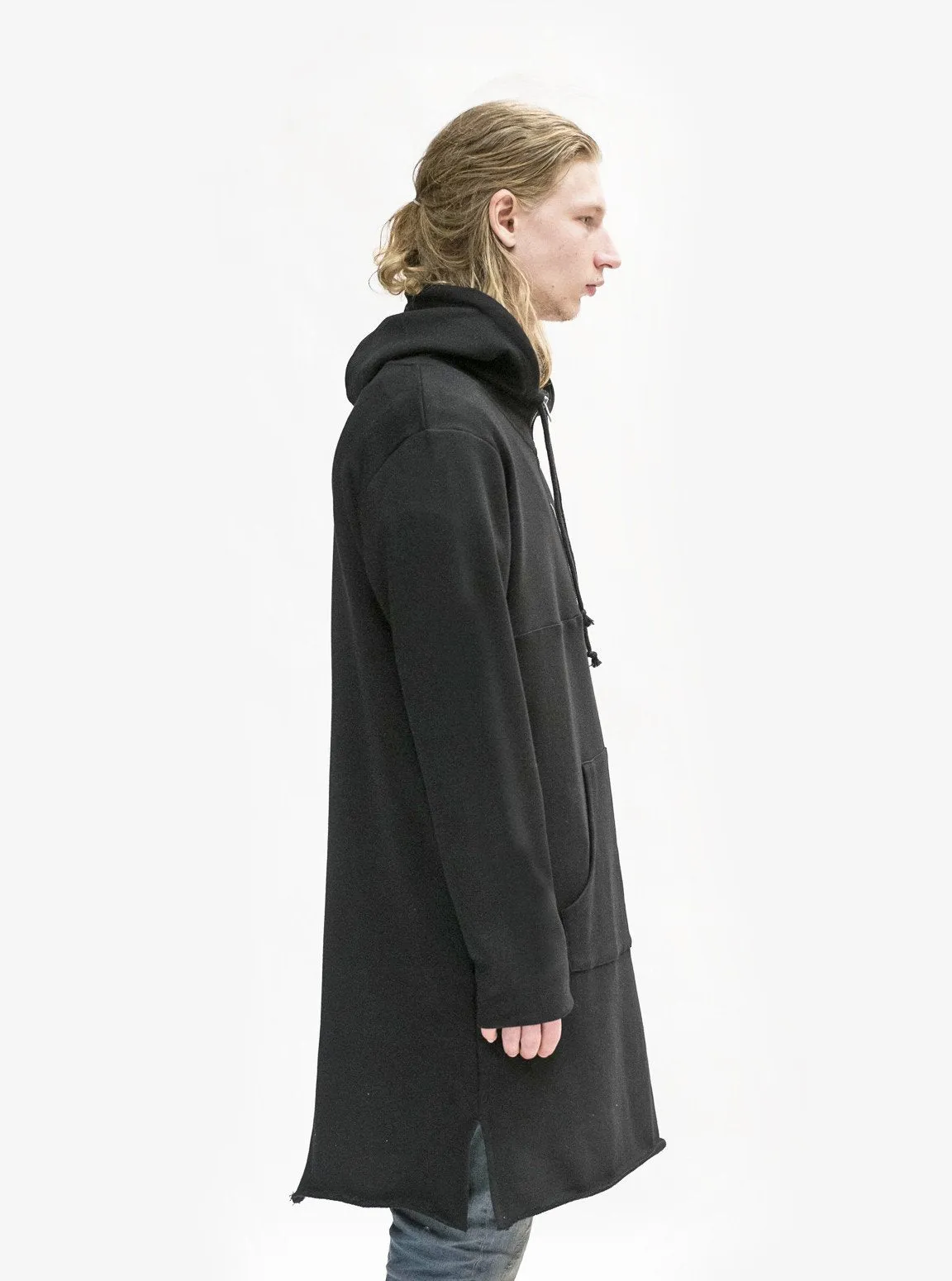 Elongated Hooded Pullover Trench in Black