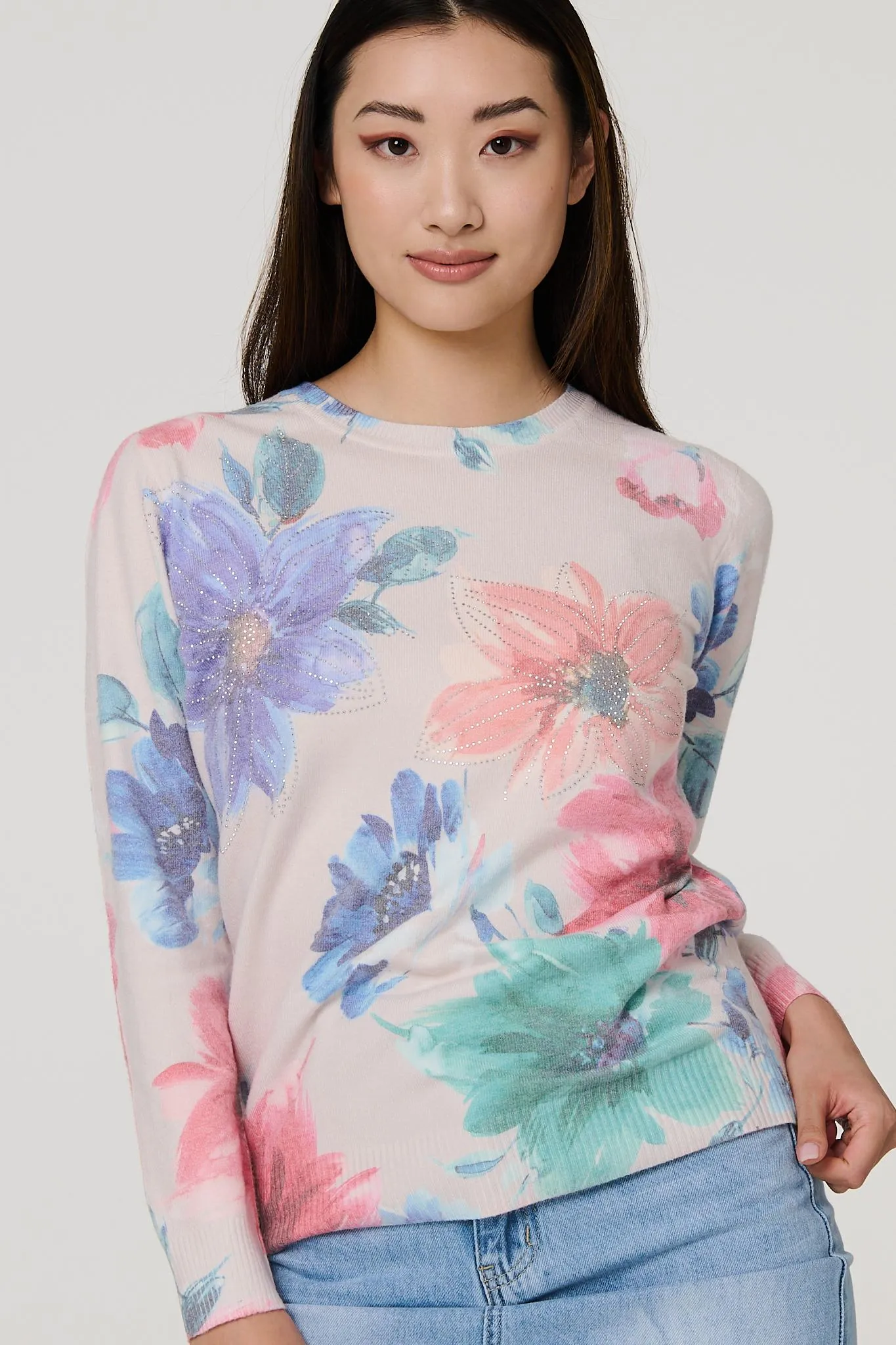 Floral Diamante Detail Long Sleeve Jumper