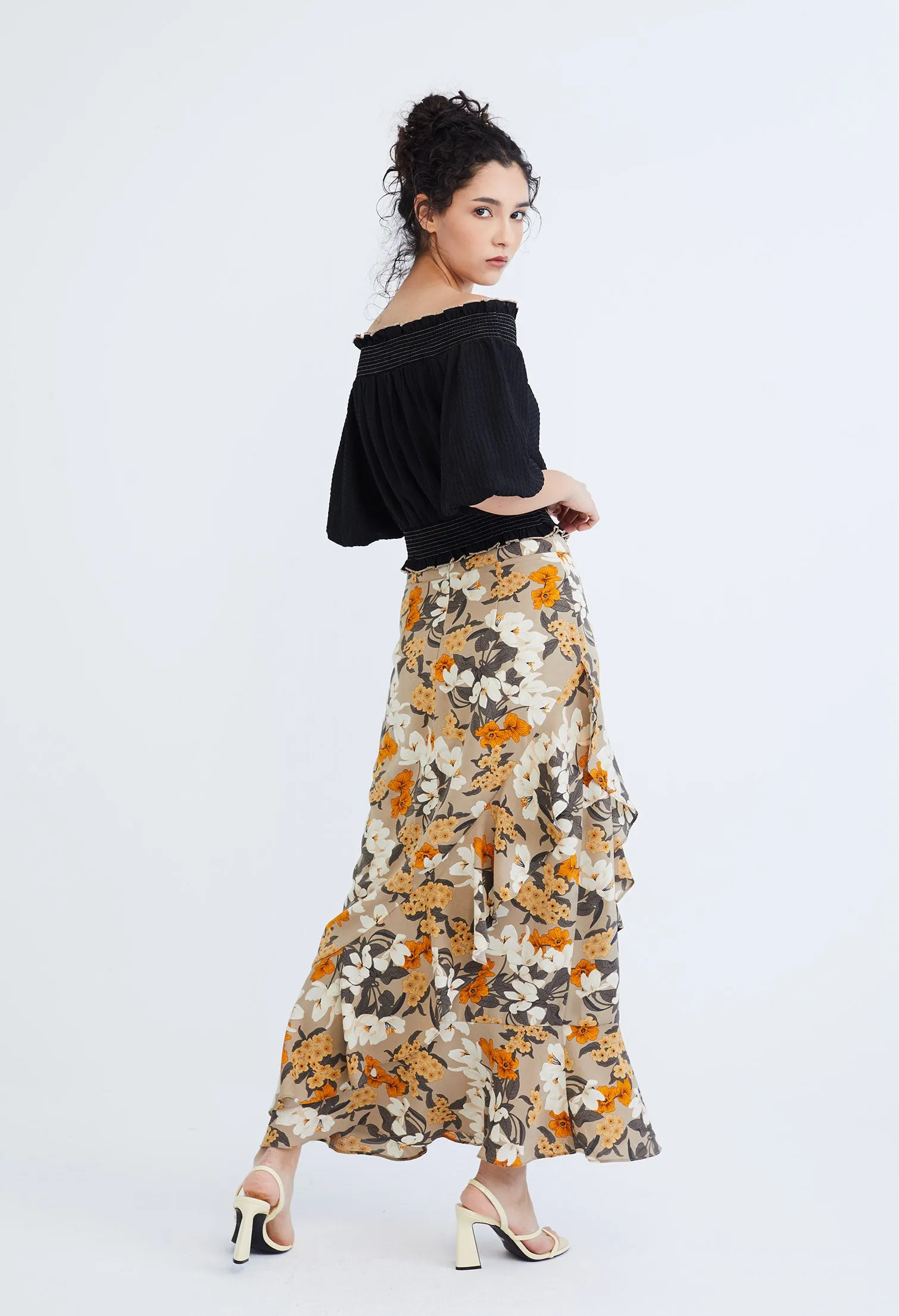 Floral Flutter Asymmetrical Maxi Wrap Skirt